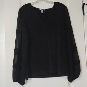 Calvin Klein Black V Neck Long Sleeve Sheer Sleeve Blouse Top Womens L